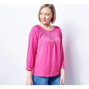 Susan Graver Liquid Knit Smocked Neck Top with Ruffle Detail Vibrant Pink ,XL